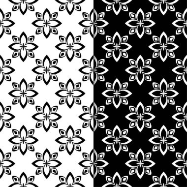 Siyah ve beyaz çiçek arka planlar. Tekstil ve duvar kağıtları için dikişsiz desen seti