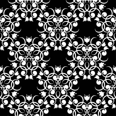 Siyah arka plan üzerine beyaz çiçek tasarım. Tekstil ve duvar kağıtları için seamless modeli