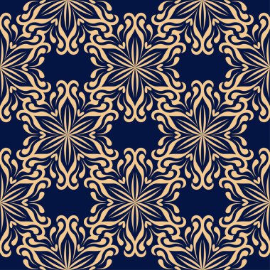 Koyu mavi zemin üzerine altın çiçek süsleme. Tekstil ve duvar kağıtları için seamless modeli
