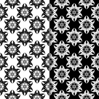 Siyah ve beyaz çiçek arka planlar. Tekstil ve duvar kağıtları için dikişsiz desen seti