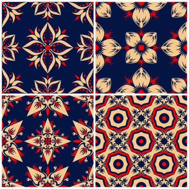 Sorunsuz arka planlar. Duvar kağıtları, Tekstil ve kumaş çiçek desenleri ile mavi klasik bej ve kırmızı belirler