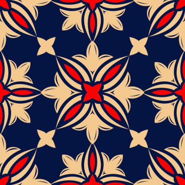 Çiçek sorunsuz arka plan. Duvar kağıtları, Tekstil ve kumaş için mavi arka plan üzerinde kırmızı ve bej çiçek öğeleri