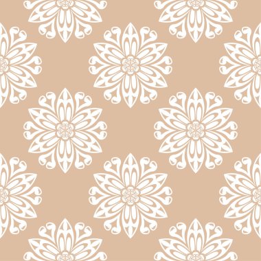 Bej renkli arka plan üzerinde beyaz çiçek tasarım. Tekstil ve duvar kağıtları için seamless modeli