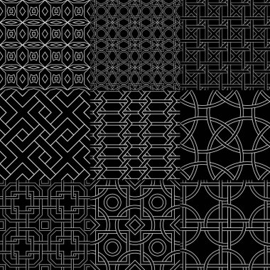 Siyah ve beyaz geometrik süsler. Web, Tekstil ve duvar kağıtları için klasik Dikişsiz desen koleksiyonu