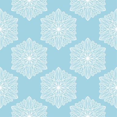 Mavi zemin üzerine beyaz çiçek tasarım. Tekstil ve duvar kağıtları için seamless modeli