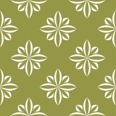 Zeytin yeşil zemin üzerine beyaz çiçekler. Tekstil ve duvar kağıtları için süs seamless modeli