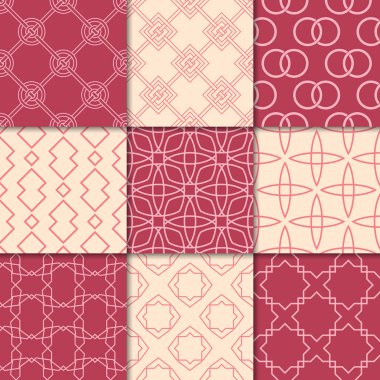 Kiraz kırmızı ve bej geometrik süsler. Web, Tekstil ve duvar kağıtları için dikişsiz desen koleksiyonu