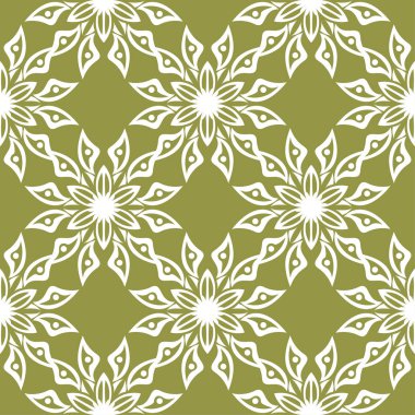 Zeytin yeşil zemin üzerine beyaz çiçek tasarım. Tekstil ve duvar kağıtları için seamless modeli