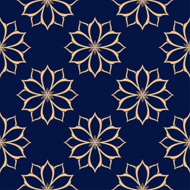 Koyu mavi zemin üzerine altın çiçek süsleme. Tekstil ve duvar kağıtları için seamless modeli