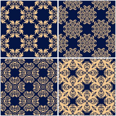 Çiçek desenleri. Altın mavi sorunsuz arka planlar kümesi. Vektör illustraton