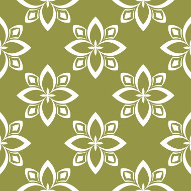 Zeytin yeşil zemin üzerine beyaz çiçek süsleme. Tekstil ve duvar kağıtları için seamless modeli