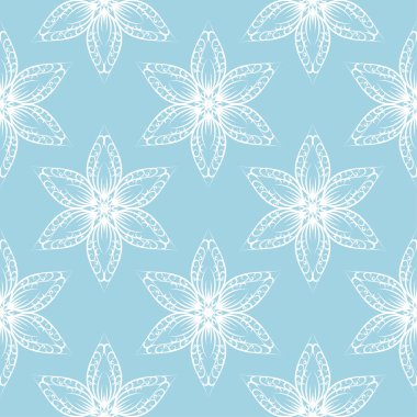 Mavi zemin üzerine beyaz çiçek süsleme. Tekstil ve duvar kağıtları için seamless modeli