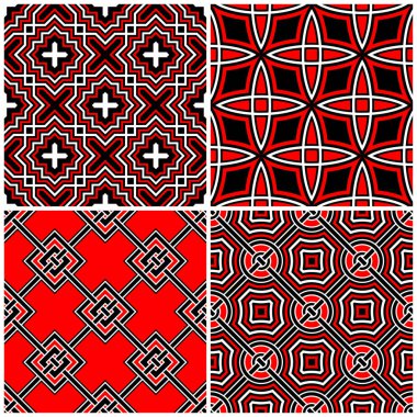 Sorunsuz siyah beyaz ve kırmızı desenler. Klasik geometrik arka plan duvar kağıtları ve tekstil