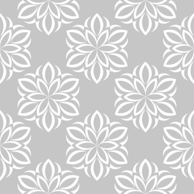 Gri arka plan üzerinde beyaz çiçekler. Tekstil ve duvar kağıtları için süs seamless modeli