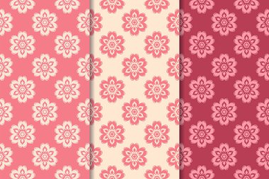 Kırmızı çiçekli süsler kümesi. Kiraz pembe dikey Dikişsiz desen. Duvar kağıdı arka plan