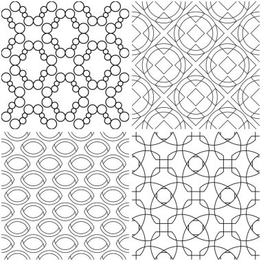 Geometrik desenler. Siyah beyaz tek renkli kesintisiz arka planlar kümesi. Vektör çizim