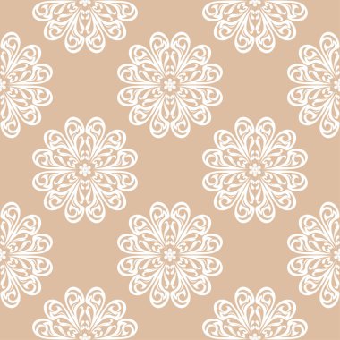 Bej renkli arka plan üzerinde beyaz çiçek süsleme. Tekstil ve duvar kağıtları için seamless modeli