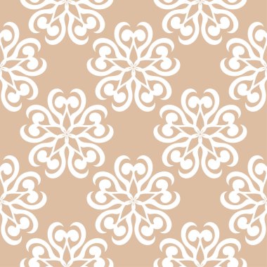 Bej renkli arka plan üzerinde beyaz çiçek süsleme. Tekstil ve duvar kağıtları için seamless modeli