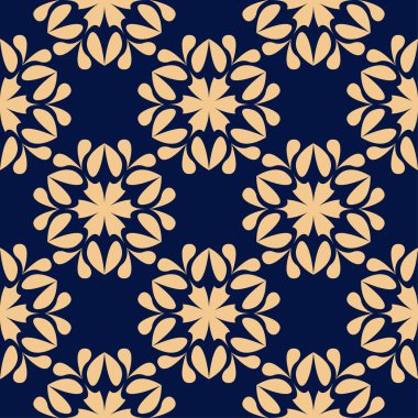 Koyu mavi zemin üzerine altın çiçek süsleme. Tekstil ve duvar kağıtları için seamless modeli