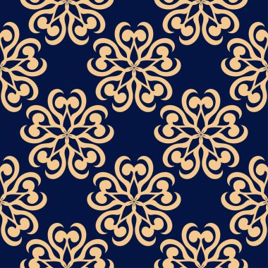 Koyu mavi zemin üzerine altın çiçek süsleme. Tekstil ve duvar kağıtları için seamless modeli