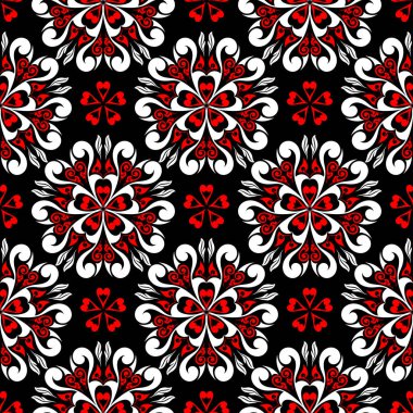 Sorunsuz çiçek desenli. Siyah arka plan üzerinde öğeleri kırmızı ve beyaz