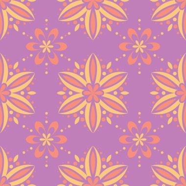 Menekşe çiçek sorunsuz arka plan. Duvar kağıtları, Tekstil ve kumaş için pembe ve sarı parlak desen