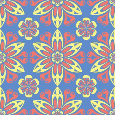 Çiçek seamless modeli. Duvar kağıtları, Tekstil ve kumaş için mavi arka plan üzerinde kırmızı ve sarı çiçek öğeleri