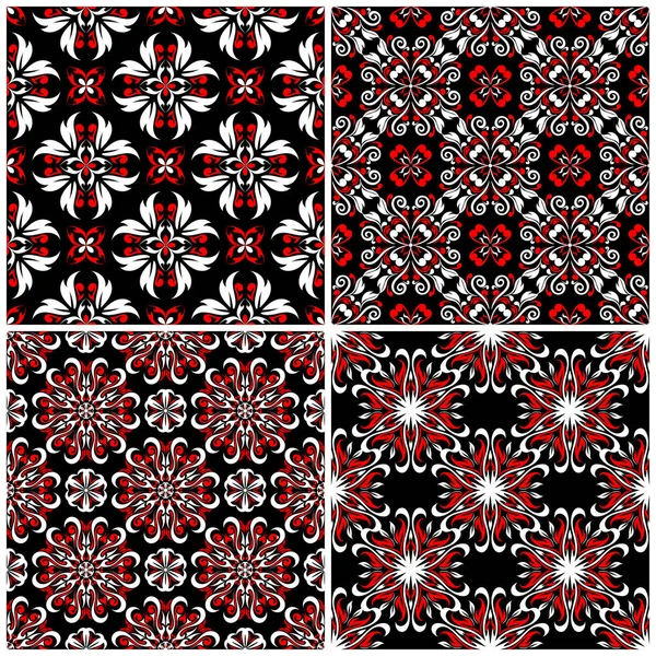 Seamless Backgrounds Black White Red Classic Sets Floral Patterns Wallpapers — Stock Vector