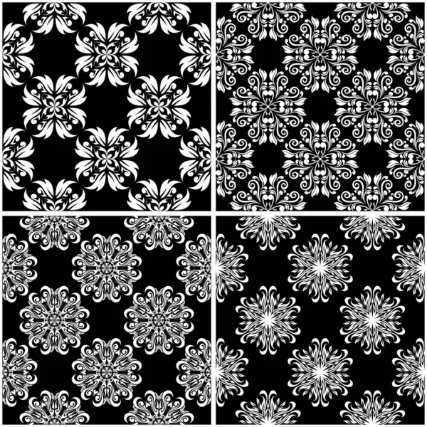 Patrones Florales Set Fondos Monocromáticos Blanco Negro Sin Costuras Ilustración — Archivo Imágenes Vectoriales