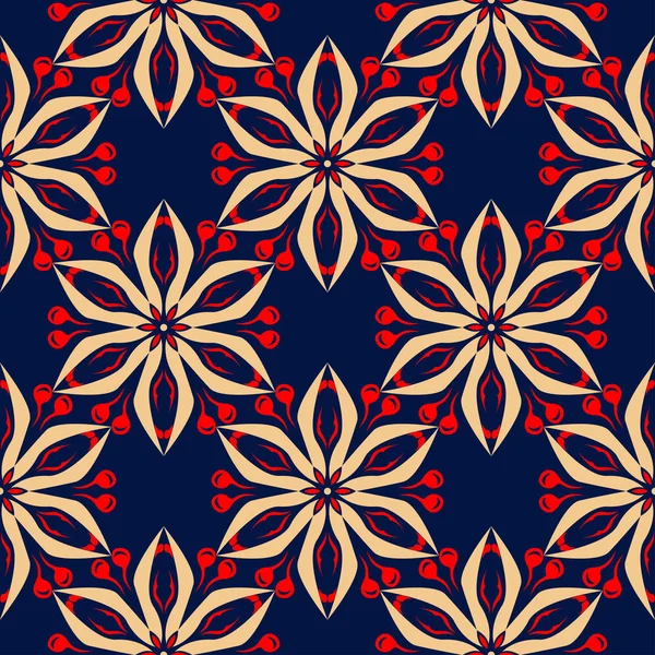青色のシームレスな背景 壁紙とテキスタイルのベージュと赤花柄 — ストックベクタ