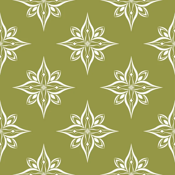 White Floral Ornament Olive Green Background Seamless Pattern Textile Wallpapers — Stock Vector