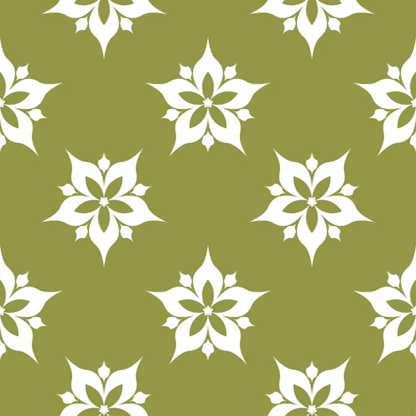 White Floral Ornament Olive Green Background Seamless Pattern Textile Wallpapers — Stock Vector