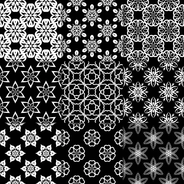Czarno Białe Ornamenty Kwiatowe Kolekcja Monochromatyczne Bezspoinowo Desenie Dla Papieru — Wektor stockowy
