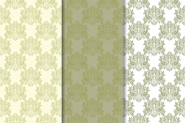 Zeytin yeşili ve beyaz çiçek arka planlar. Tekstil ve duvar kağıtları için dikişsiz desen seti