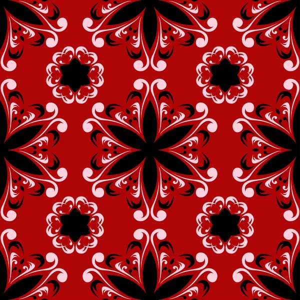 Fond Floral Sans Couture Modèle Noir Blanc Sur Fond Rouge — Image vectorielle