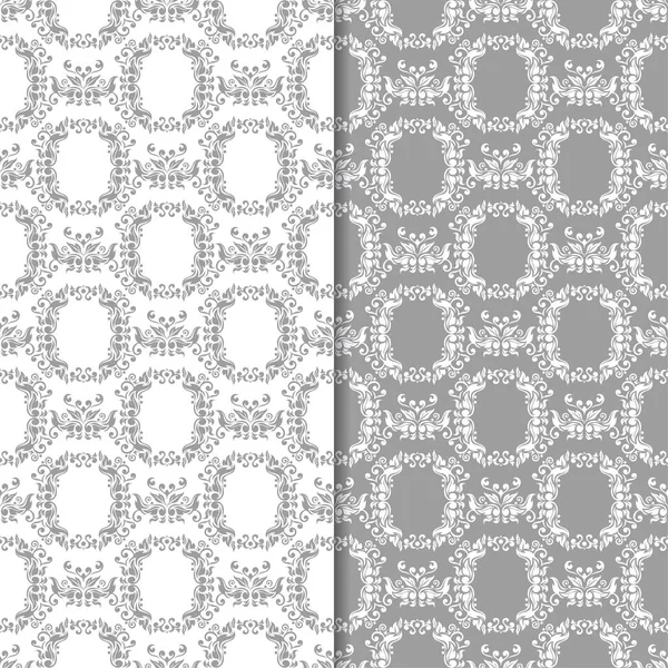White Gray Floral Backgrounds Set Seamless Patterns Textile Wallpapers — Stock Vector