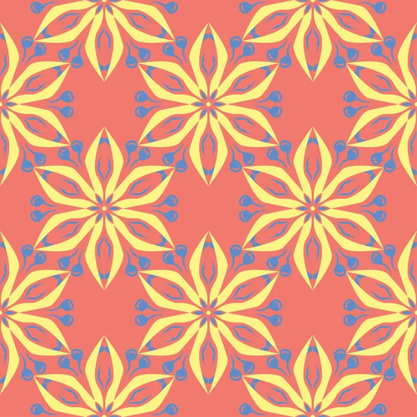 Çiçek tasarım seamless modeli. Duvar kağıtları ve kumaşlar için somon kırmızı zemin üzerine parlak sarı ve mavi çiçek öğeleri