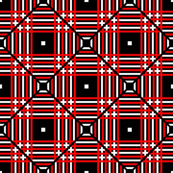 シームレスな幾何学的な黒の背景 テキスタイル ファブリックの赤と白の要素を持つ — ストックベクタ
