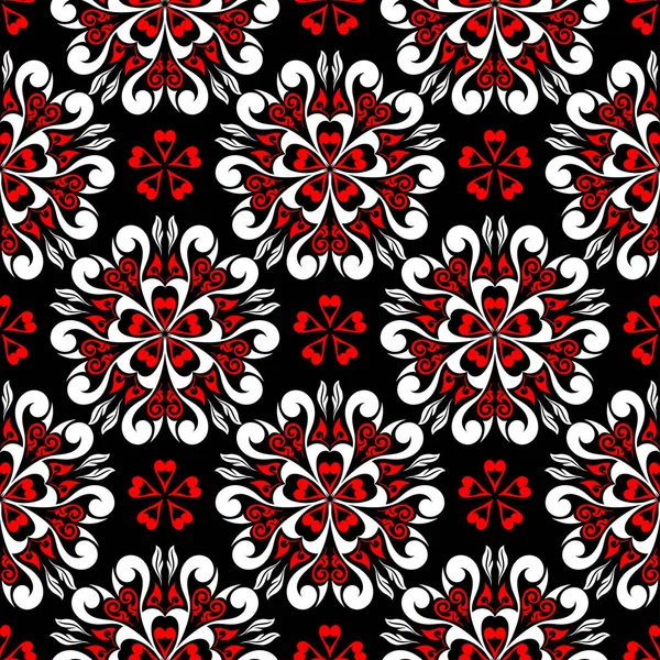 Motif Floral Sans Couture Éléments Rouges Blancs Sur Fond Noir — Image vectorielle