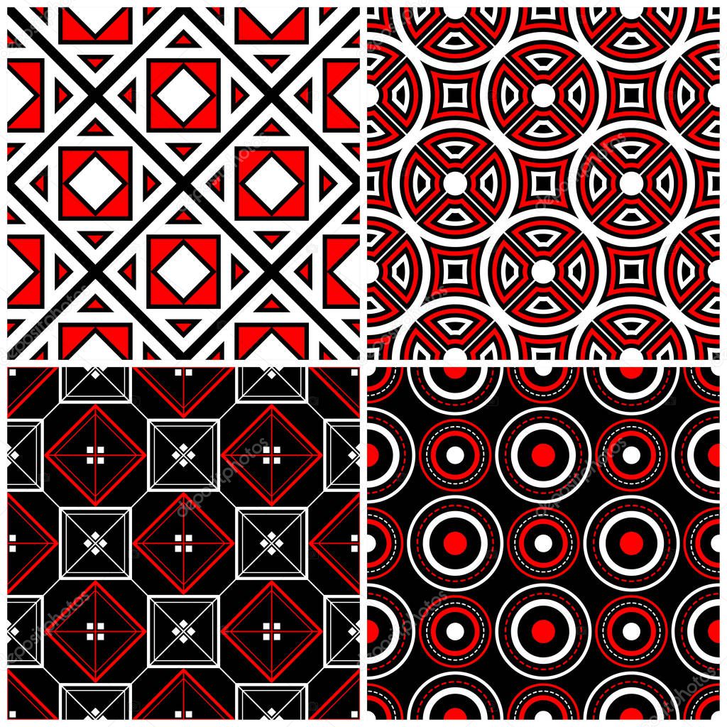 Seamless black white and red patterns. Classic geometric backgrounds for wallpapers and textile