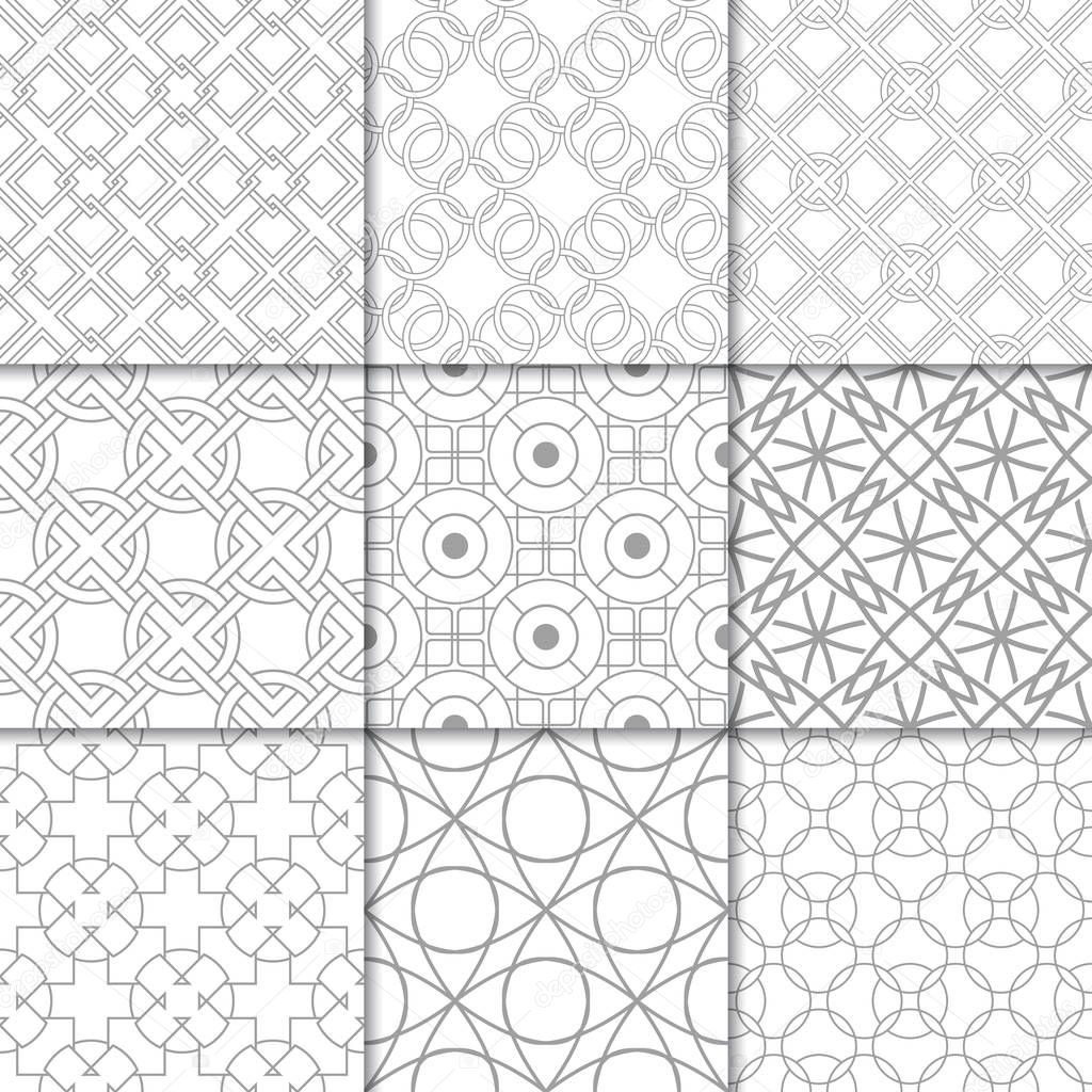 Light gray geometric ornaments. Collection of neutral seamless patterns for web, textile and wallpapers