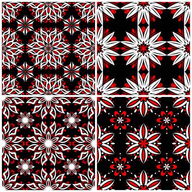 Sorunsuz arka planlar. Siyah beyaz ve kırmızı klasik duvar kağıtları, Tekstil ve kumaş çiçek desenleri ile ayarlar