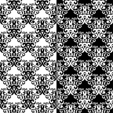 Siyah ve beyaz çiçek arka planlar. Tek renkli Dikişsiz desen Tekstil ve duvar kağıtları için set