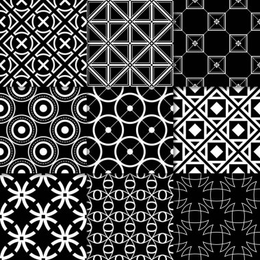 Siyah ve beyaz geometrik süsler. Web, Tekstil ve duvar kağıtları için klasik Dikişsiz desen koleksiyonu