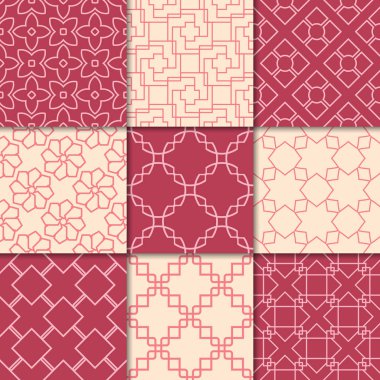 Kiraz kırmızı ve bej geometrik süsler. Web, Tekstil ve duvar kağıtları için dikişsiz desen koleksiyonu