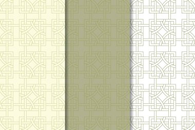 Zeytin yeşili ve beyaz geometrik süsler. Web, Tekstil ve duvar kağıtları için dikey Dikişsiz desen seti