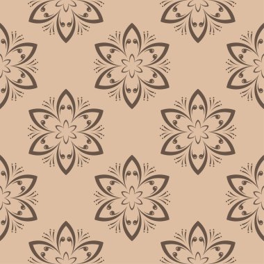 Bej renkli arka plan üzerinde kahverengi çiçek süsleme. Tekstil ve duvar kağıtları için seamless modeli