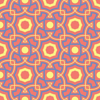 Geometrik kırmızı turuncu seamless modeli. Parlak arka plan duvar kağıtları, Tekstil ve kumaş için mavi ve sarı tasarımı ile