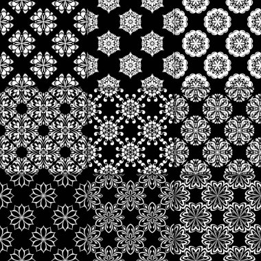 Siyah ve beyaz çiçekli süsler. Koleksiyon için kağıt, tek renkli Dikişsiz desen Tekstil