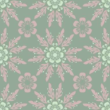 Çiçek seamless modeli. Zeytin yeşili arka plan duvar kağıtları, Tekstil ve kumaş için soluk pembe çiçek öğeleri ile